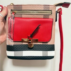Elegant Red and Beige Crossbody Bag with Gold Hardware